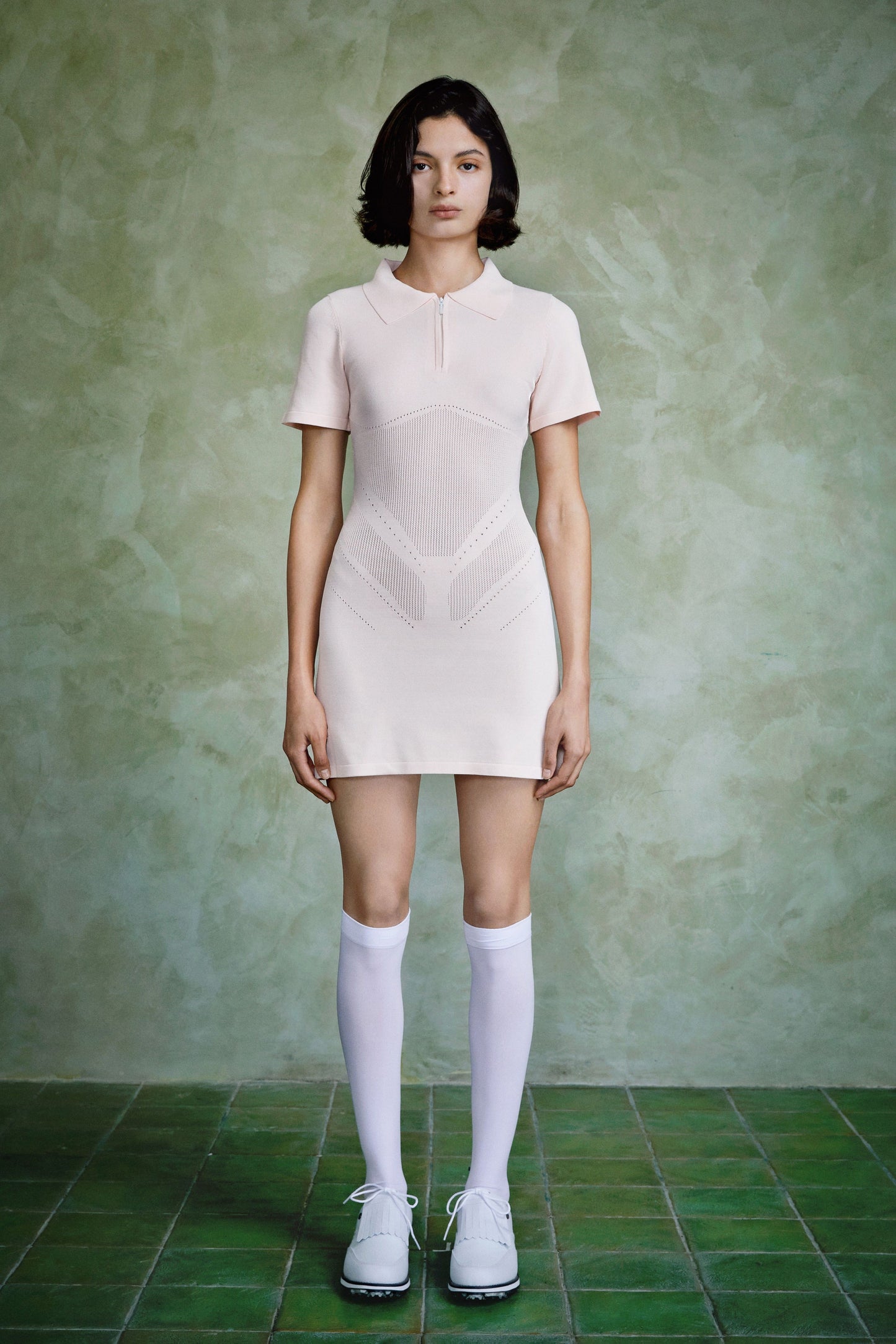 PERFORATED KNITTED ZIP DRESS (Baby Pink)